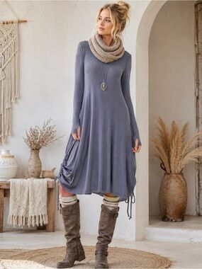 Gray Cotton Jersey Midi Dress Ruched Drawstring Boho Long Sleeve A-line Fits S M
